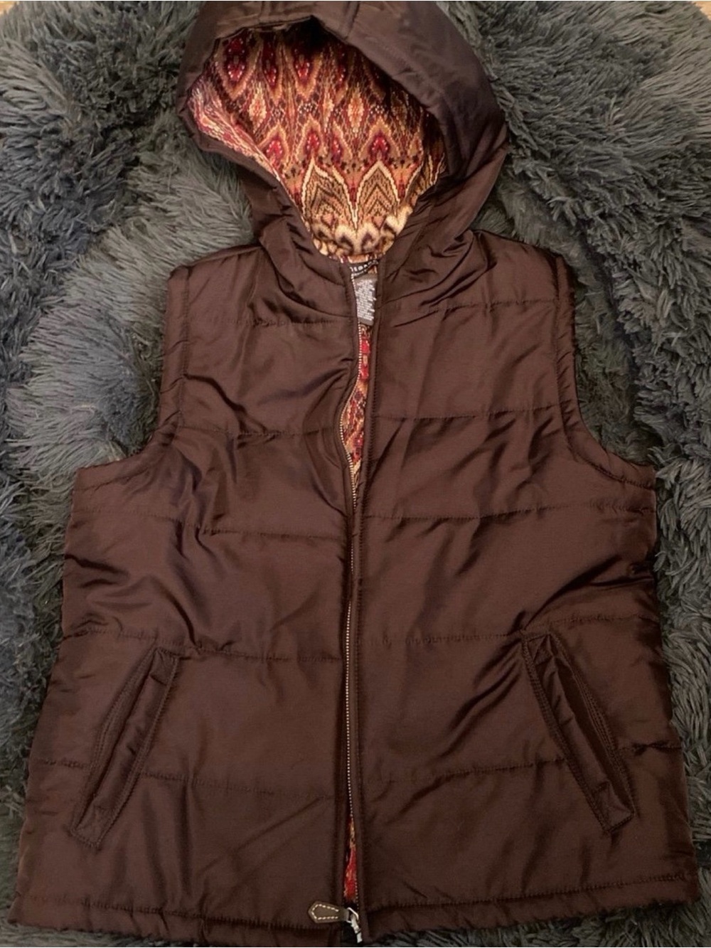 George Brown Hooded Puffer Vest with Printed Lining
